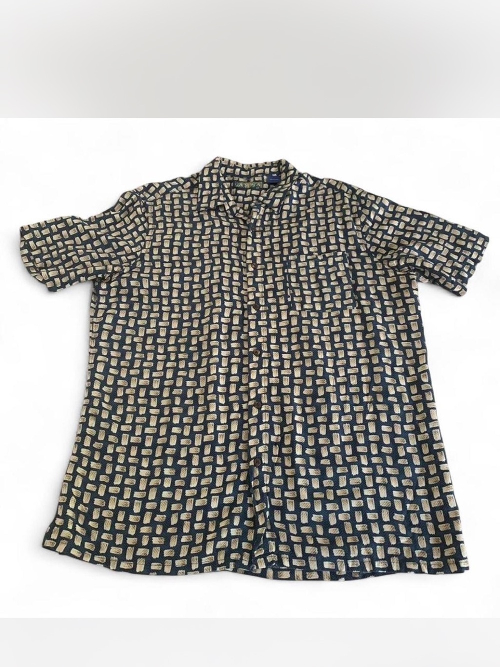 Men's Campia Hawaiian Short Sleeve Geometric Print Shirt - Navy & Cream size M
